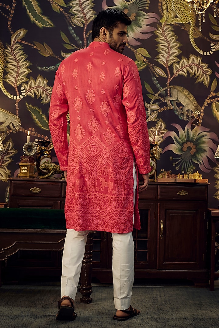 Pink Silk Embroidered Kurta Set by Kasbah Clothing at Pernia's Pop Up Shop