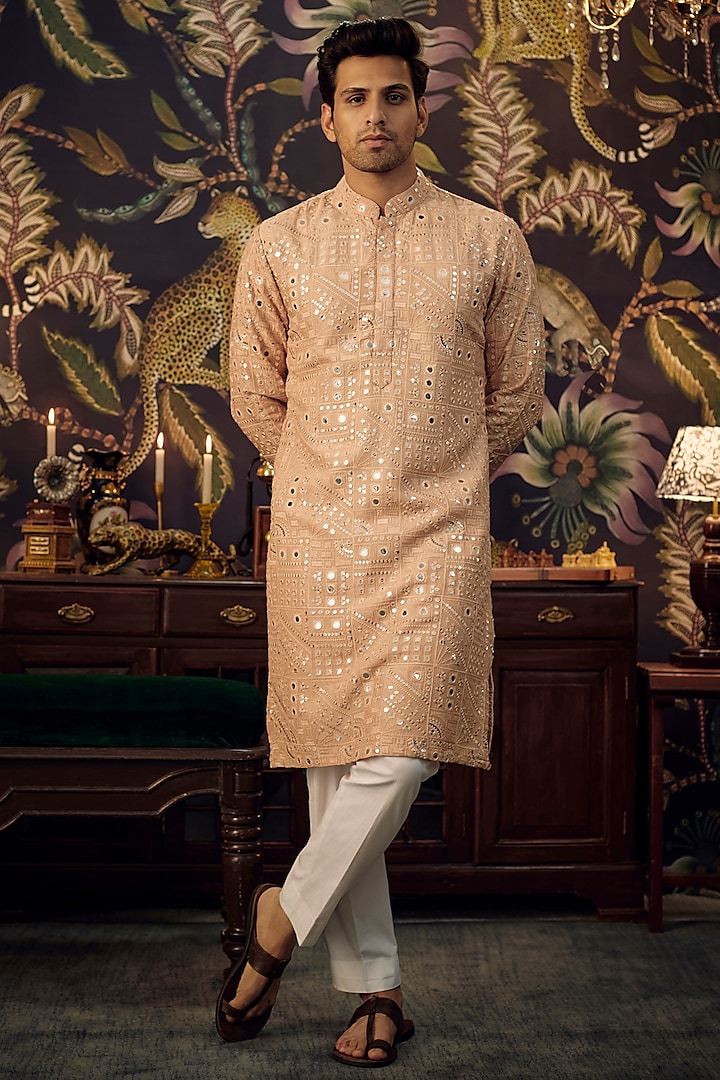 Coral-Peach Silk Mirror Work Kurta Set by Kasbah Clothing at Pernia's Pop Up Shop