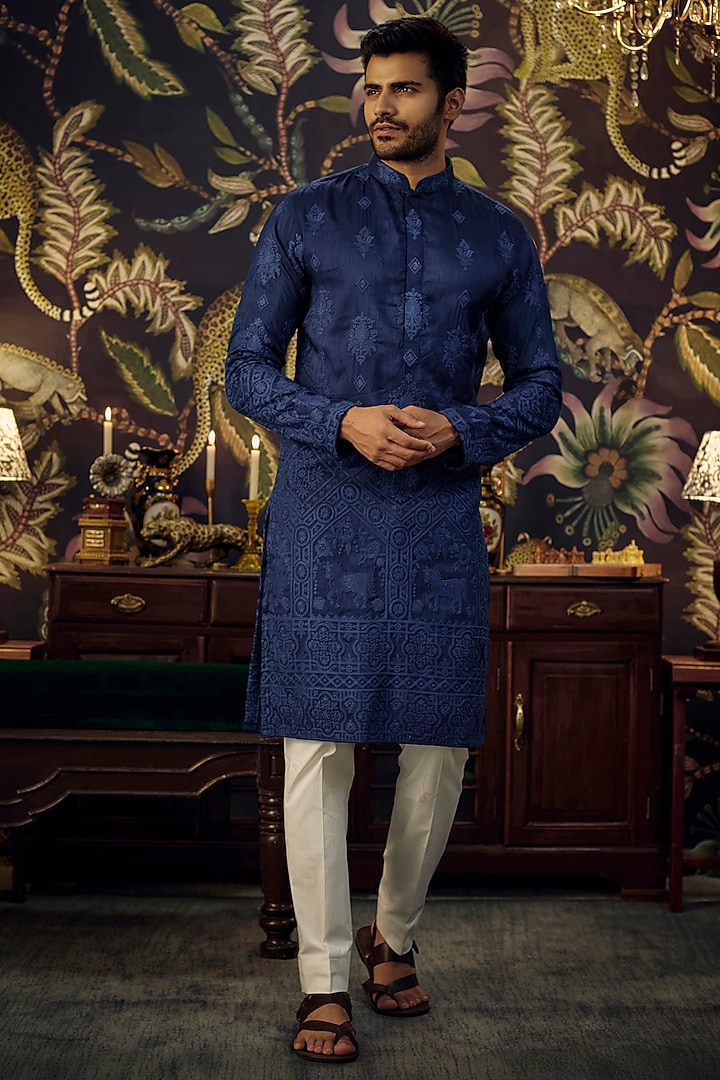 Blue Silk Embroidered Kurta Set by Kasbah Clothing at Pernia's Pop Up Shop