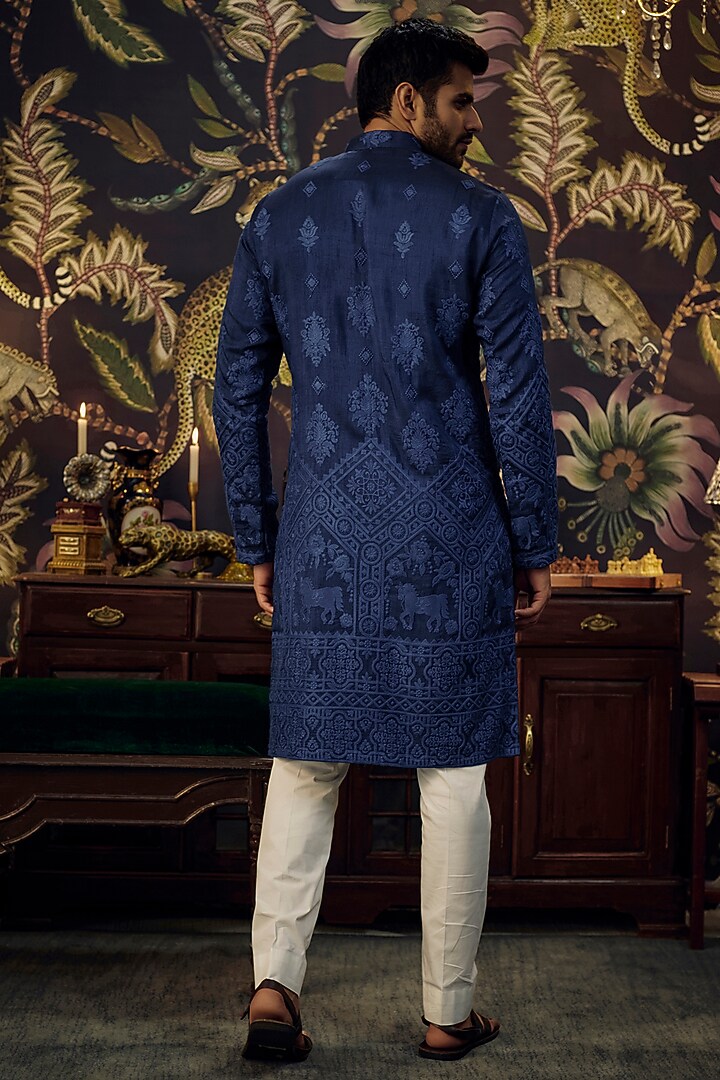 Blue Silk Embroidered Kurta Set by Kasbah Clothing at Pernia's Pop Up Shop