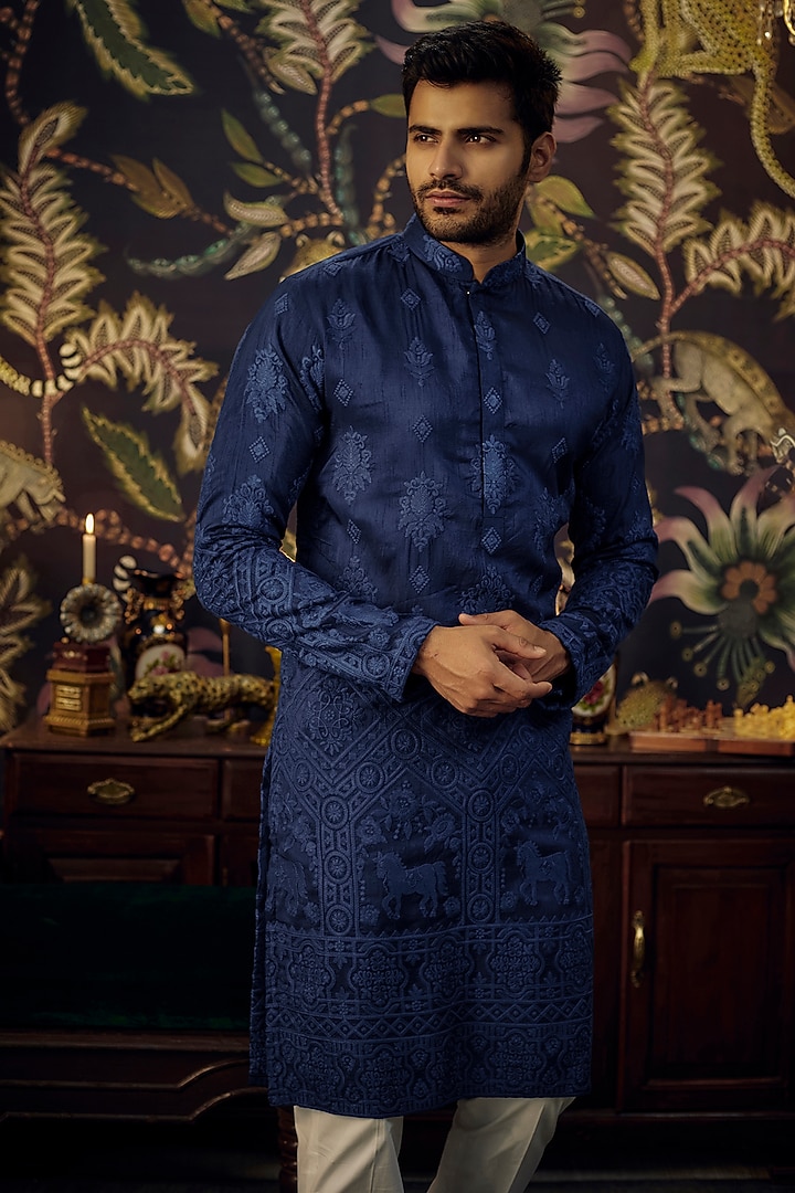 Blue Silk Embroidered Kurta Set by Kasbah Clothing at Pernia's Pop Up Shop