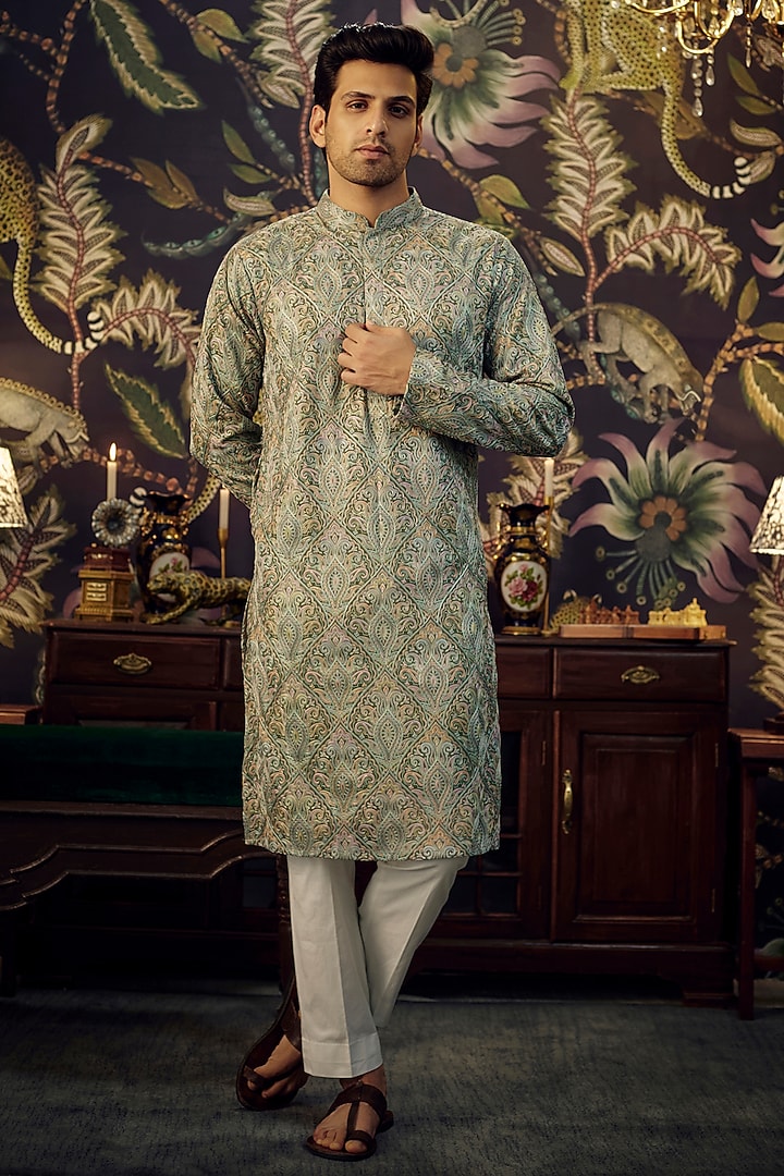 Green Georgette Threadwork Kurta Set by Kasbah Clothing at Pernia's Pop Up Shop
