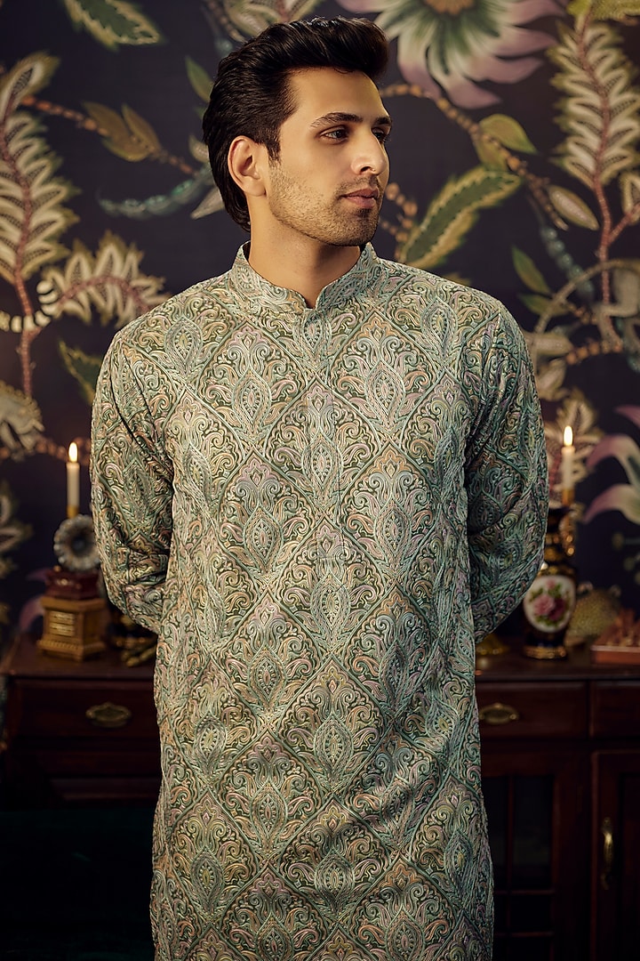 Green Georgette Threadwork Kurta Set by Kasbah Clothing at Pernia's Pop Up Shop