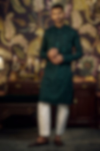 Bottle Green Silk Embroidered Kurta Set by Kasbah Clothing at Pernia's Pop Up Shop