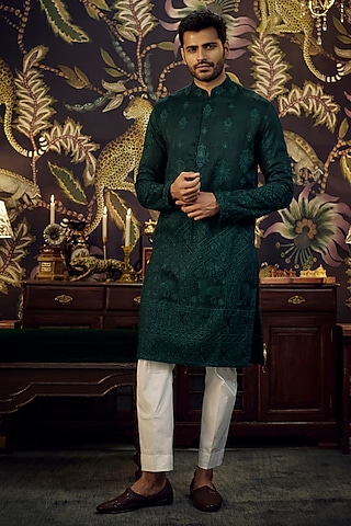 Bottle Green Silk Embroidered Kurta Set by Kasbah Clothing