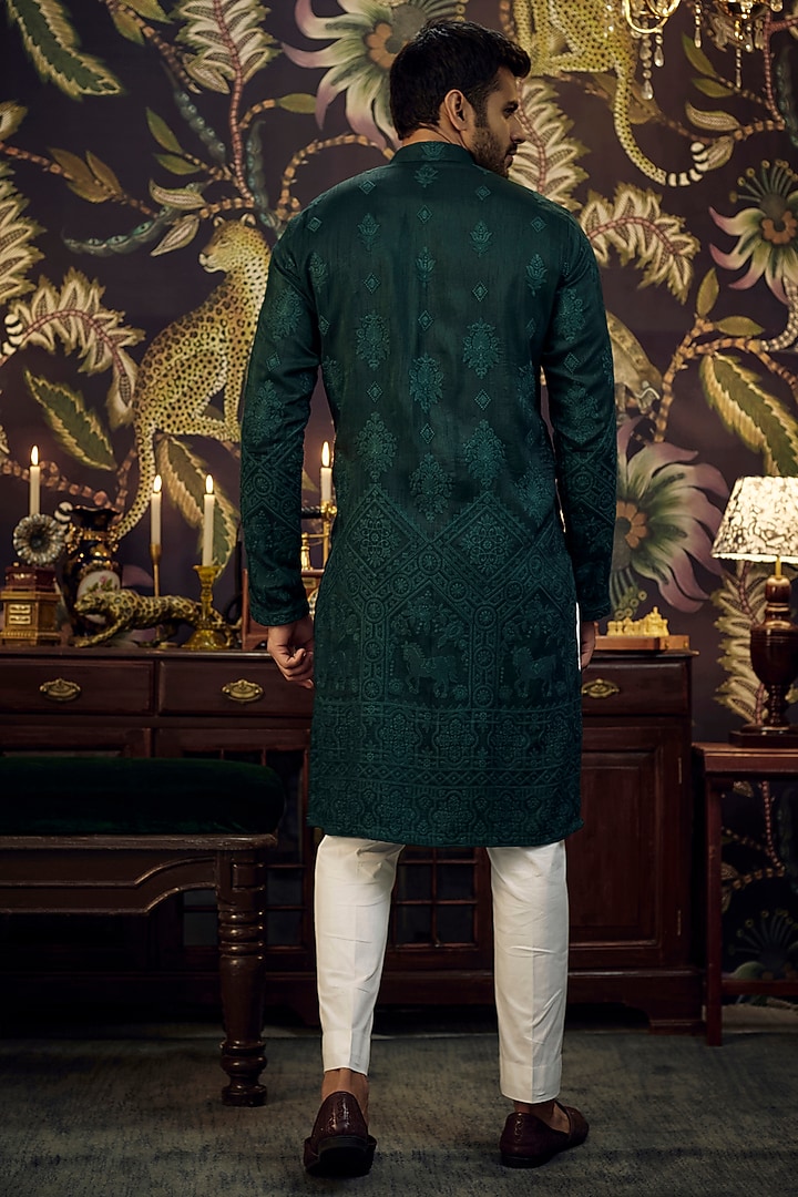 Bottle Green Silk Embroidered Kurta Set by Kasbah Clothing at Pernia's Pop Up Shop
