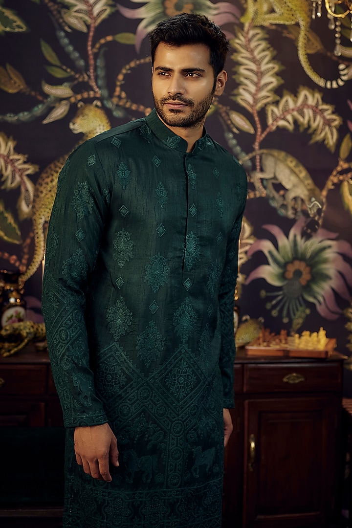 Bottle Green Silk Embroidered Kurta Set by Kasbah Clothing at Pernia's Pop Up Shop