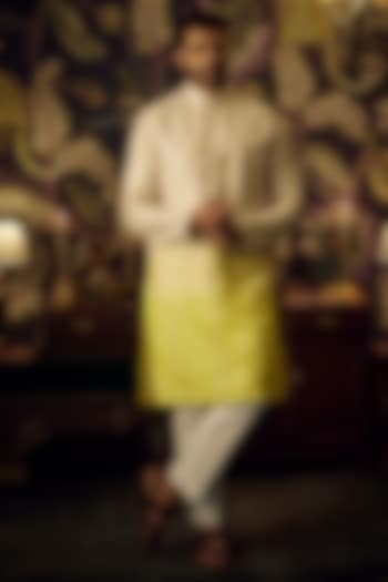Cream-Yellow Silk Mirror Work Kurta Set by Kasbah Clothing at Pernia's Pop Up Shop