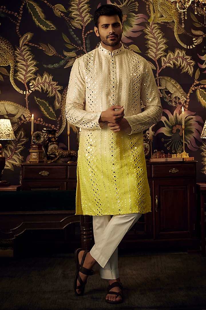 Cream-Yellow Silk Mirror Work Kurta Set by Kasbah Clothing at Pernia's Pop Up Shop