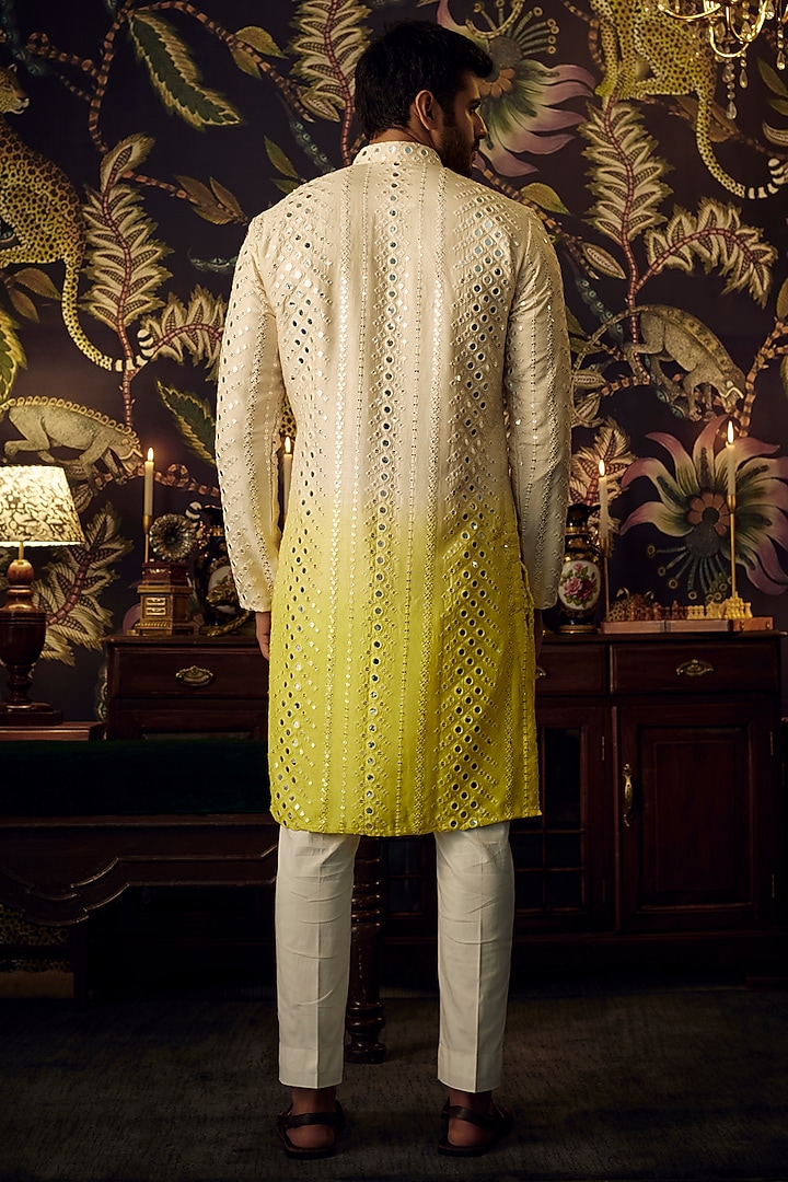 Cream-Yellow Silk Mirror Work Kurta Set by Kasbah Clothing at Pernia's Pop Up Shop
