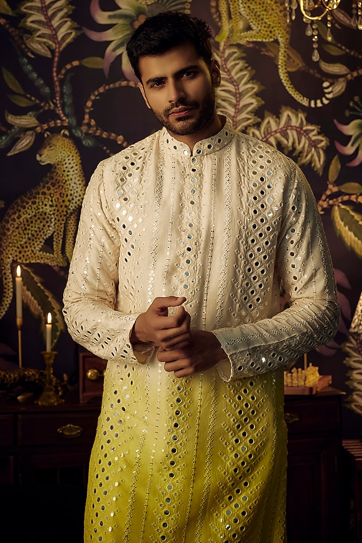 Cream-Yellow Silk Mirror Work Kurta Set by Kasbah Clothing at Pernia's Pop Up Shop