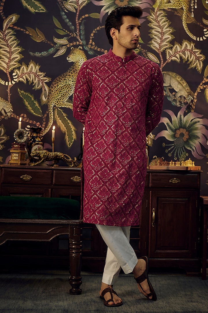 Maroon Georgette Sequins Work Chikankari Kurta Set by Kasbah Clothing