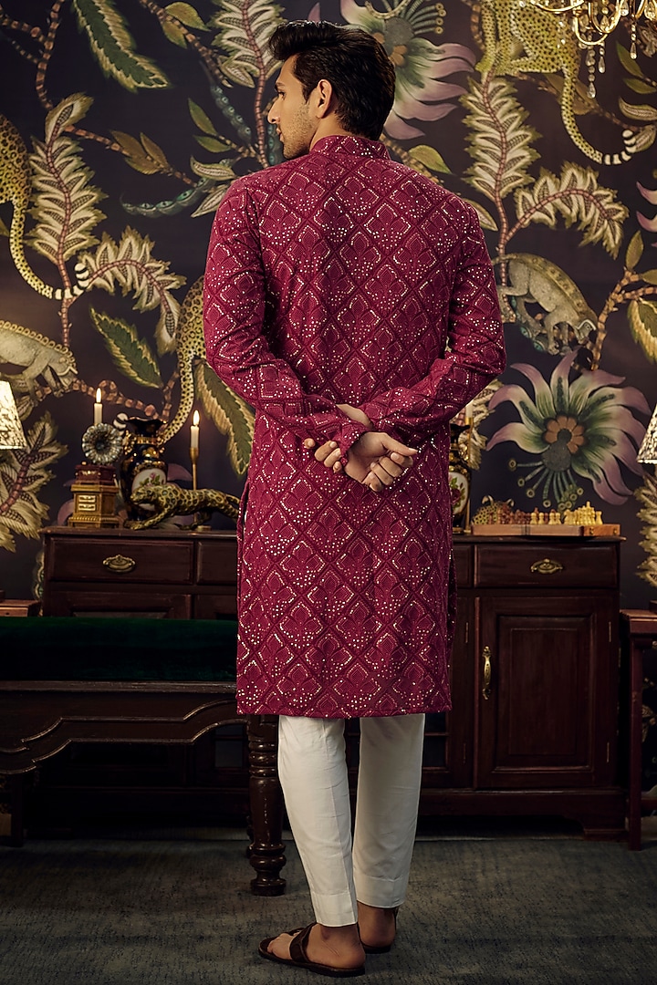 Maroon Georgette Sequins Work Chikankari Kurta Set by Kasbah Clothing at Pernia's Pop Up Shop