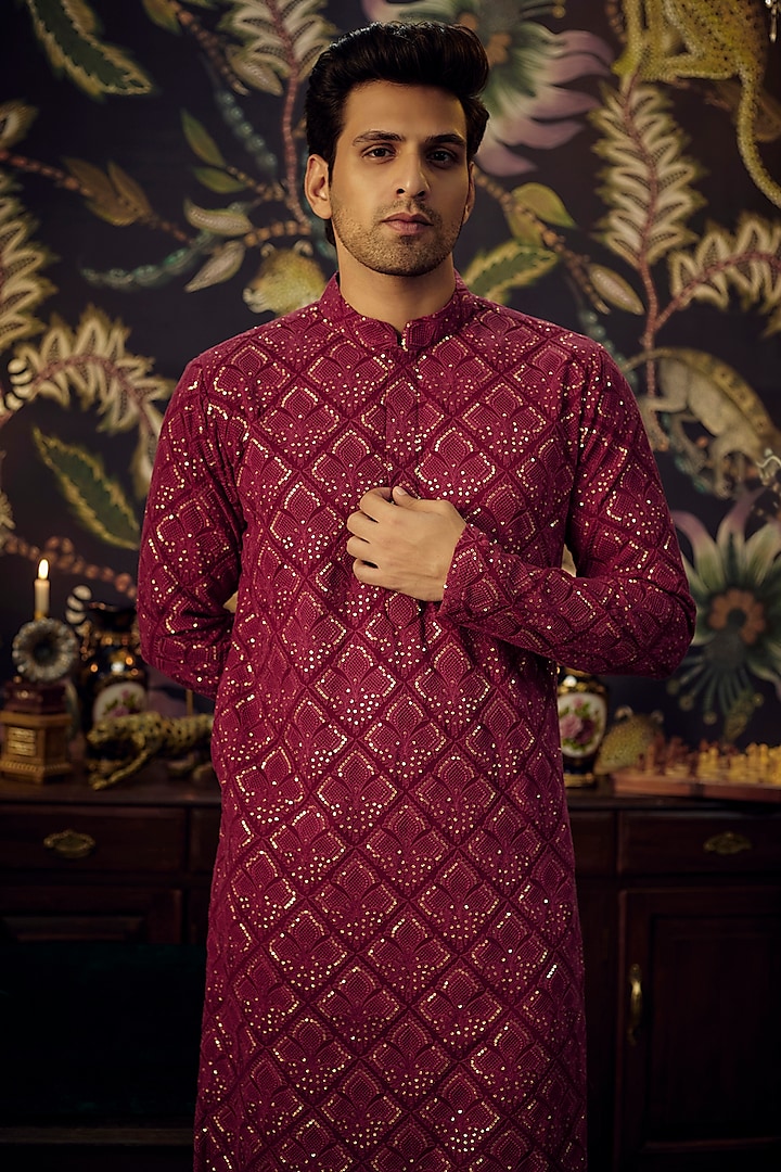 Maroon Georgette Sequins Work Chikankari Kurta Set by Kasbah Clothing at Pernia's Pop Up Shop