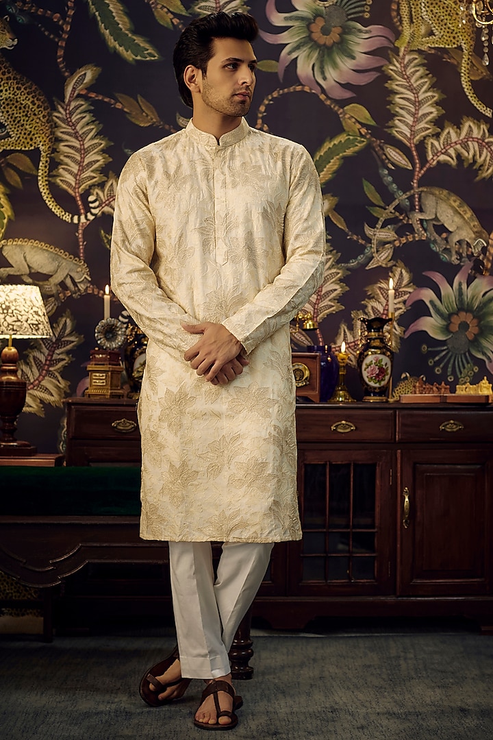 Ivory Silk Floral Pattern Kurta Set by Kasbah Clothing at Pernia's Pop Up Shop