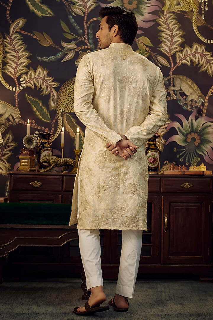 Ivory Silk Floral Pattern Kurta Set by Kasbah Clothing at Pernia's Pop Up Shop