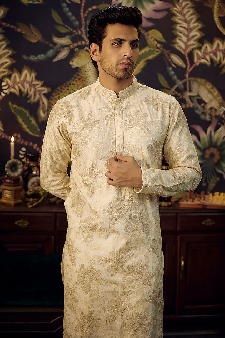 Ivory Silk Floral Pattern Kurta Set by Kasbah Clothing at Pernia's Pop Up Shop