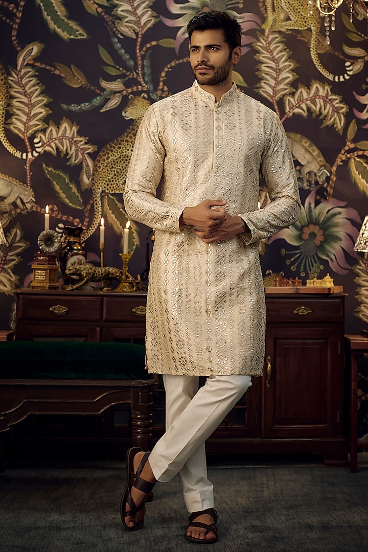 Beige Silk Mirror Work Kurta Set by Kasbah Clothing