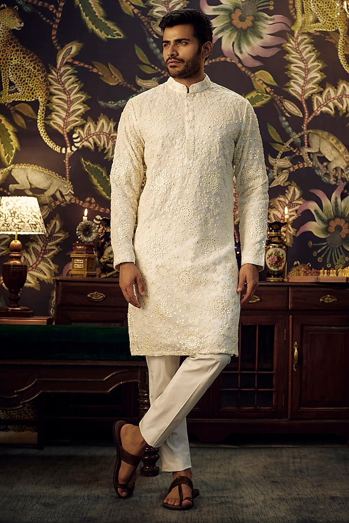 White Georgette Mirror Work Chikankari Kurta Set by Kasbah Clothing