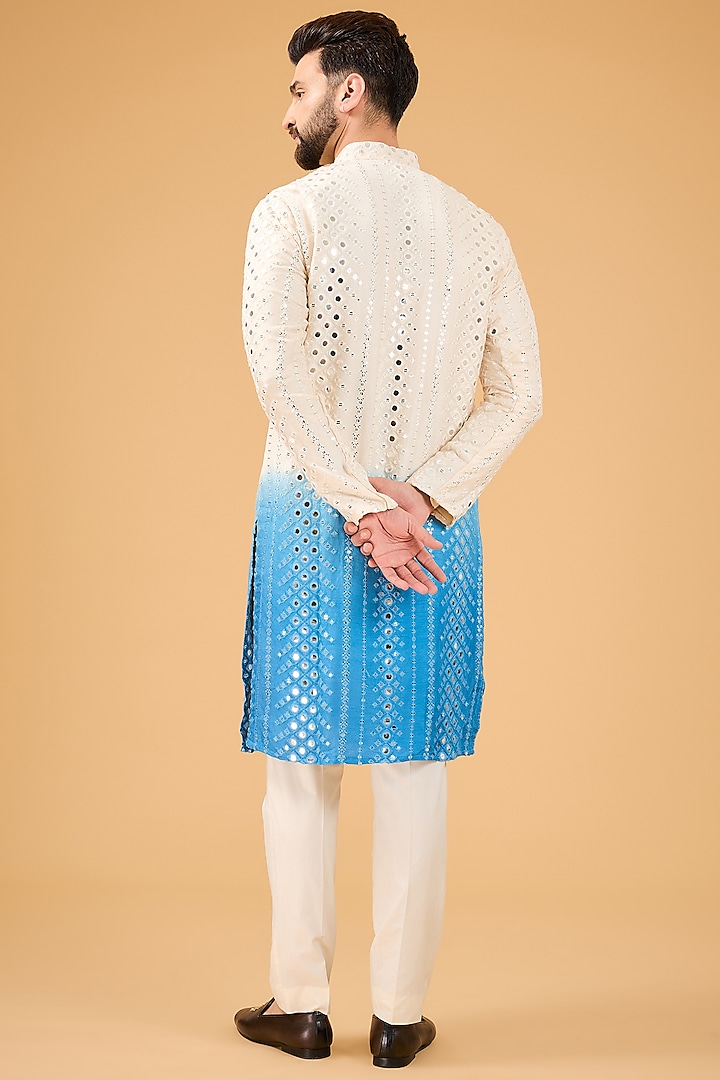 Cream-Blue Ombre Silk Mirror Work Kurta by Kasbah Clothing at Pernia's Pop Up Shop