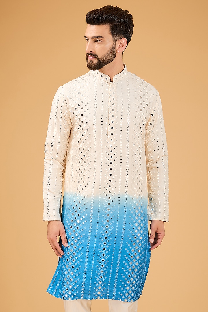 Cream-Blue Ombre Silk Mirror Work Kurta by Kasbah Clothing at Pernia's Pop Up Shop