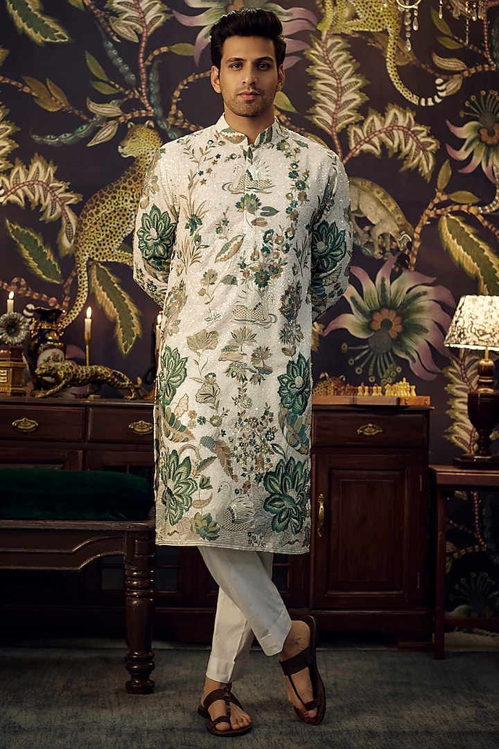 White & Green Georgette Thread Embroidered Kurta Set by Kasbah Clothing at Pernia's Pop Up Shop