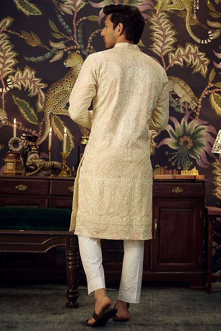 Beige Georgette Thread Embroidered Chikankari Kurta Set by Kasbah Clothing at Pernia's Pop Up Shop