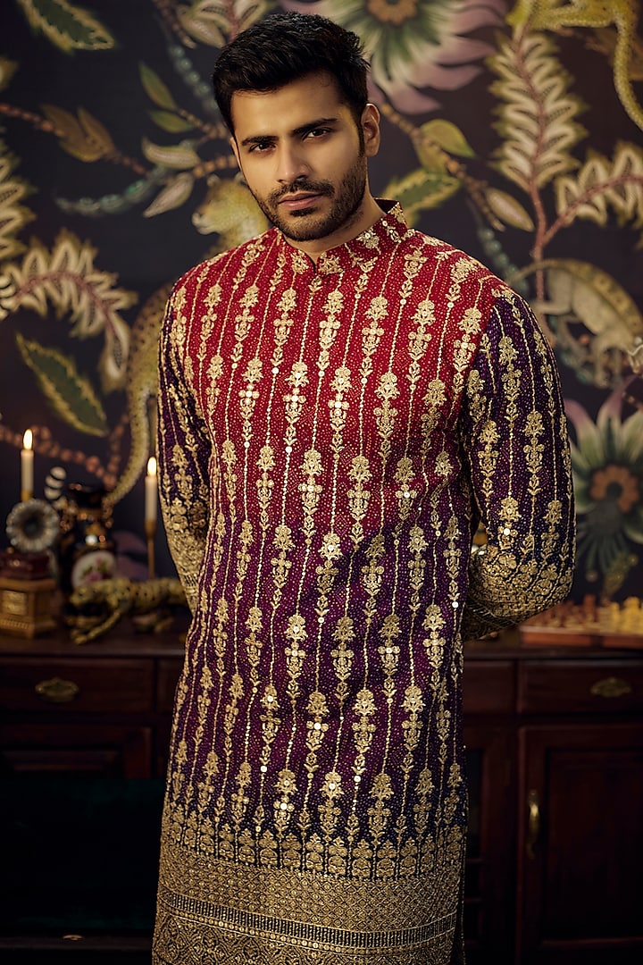 Maroon-Purple Georgette Gota Embroidered Kurta Set by Kasbah Clothing at Pernia's Pop Up Shop