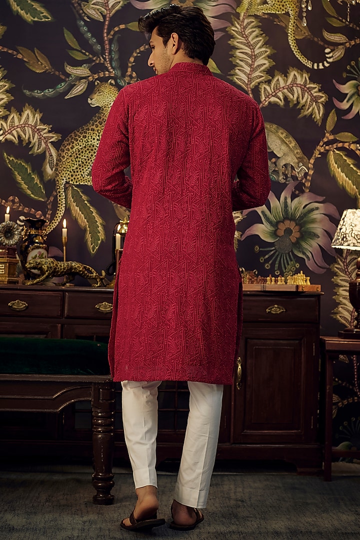 Red-Maroon Georgette Paisley Embroidered Kurta Set by Kasbah Clothing at Pernia's Pop Up Shop