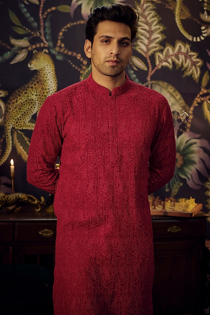 Red-Maroon Georgette Paisley Embroidered Kurta Set by Kasbah Clothing at Pernia's Pop Up Shop