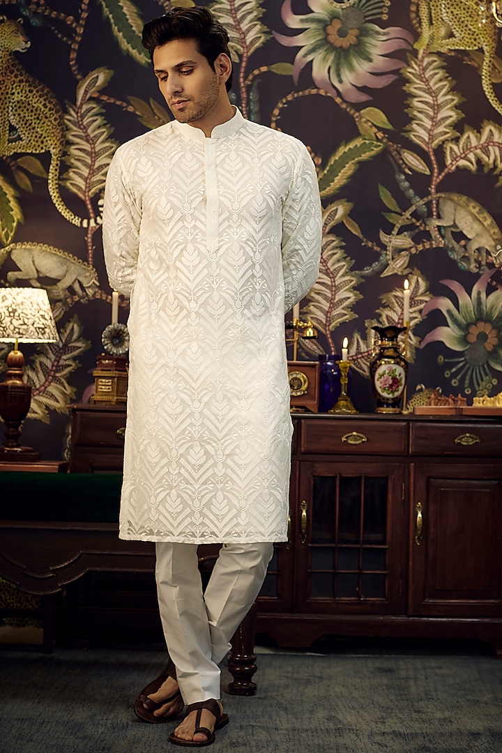 White Georgette Threadwork Chikankari Kurta Set by Kasbah Clothing