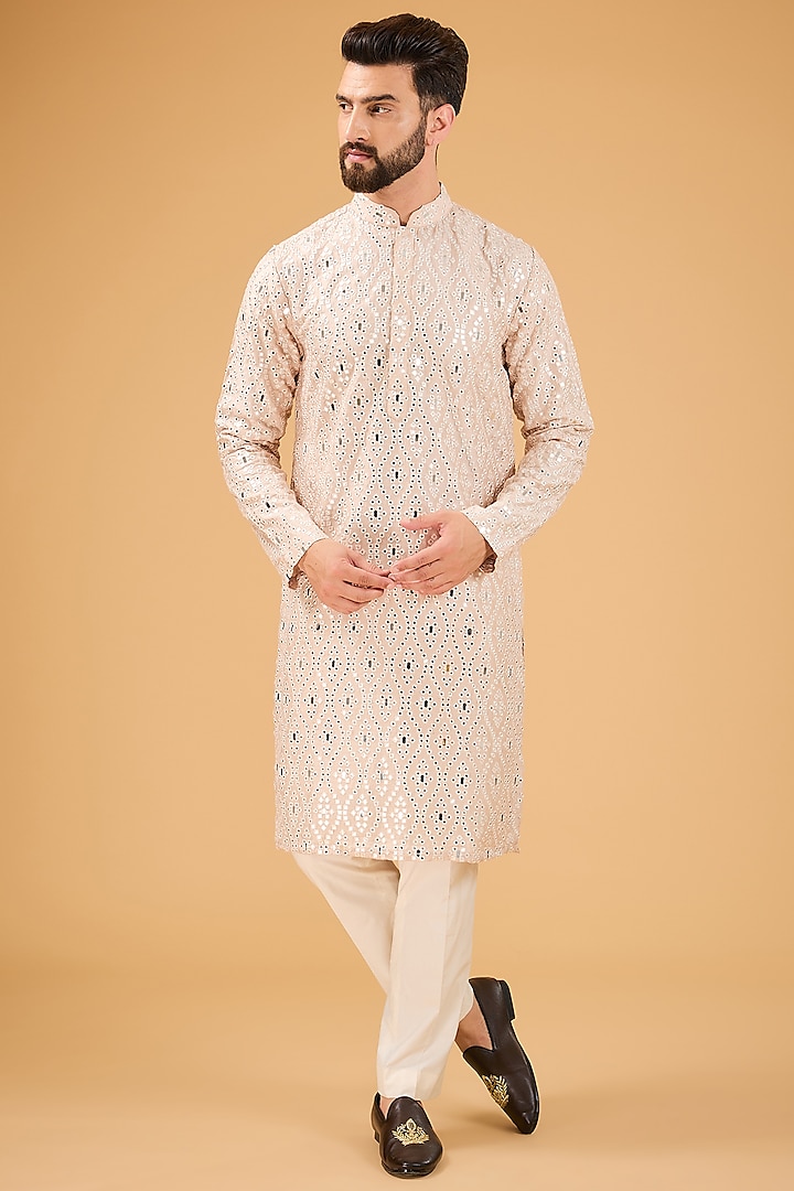 Beige Silk Mirror Embellished Kurta by Kasbah Clothing