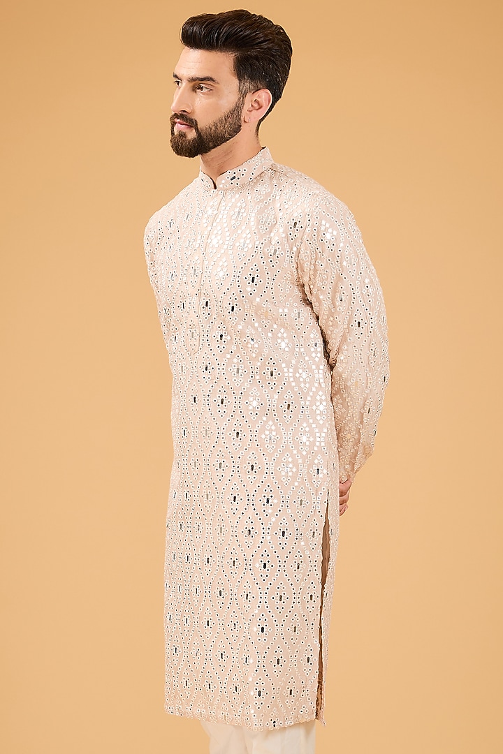 Beige Silk Mirror Embellished Kurta by Kasbah Clothing at Pernia's Pop Up Shop