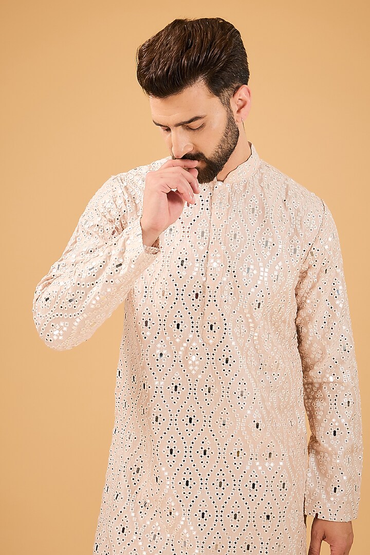 Beige Silk Mirror Embellished Kurta by Kasbah Clothing at Pernia's Pop Up Shop