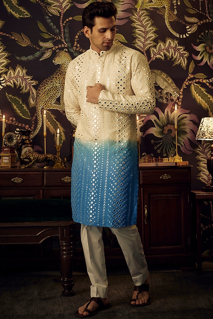 Cream-Blue Silk Mirror Work Kurta Set by Kasbah Clothing