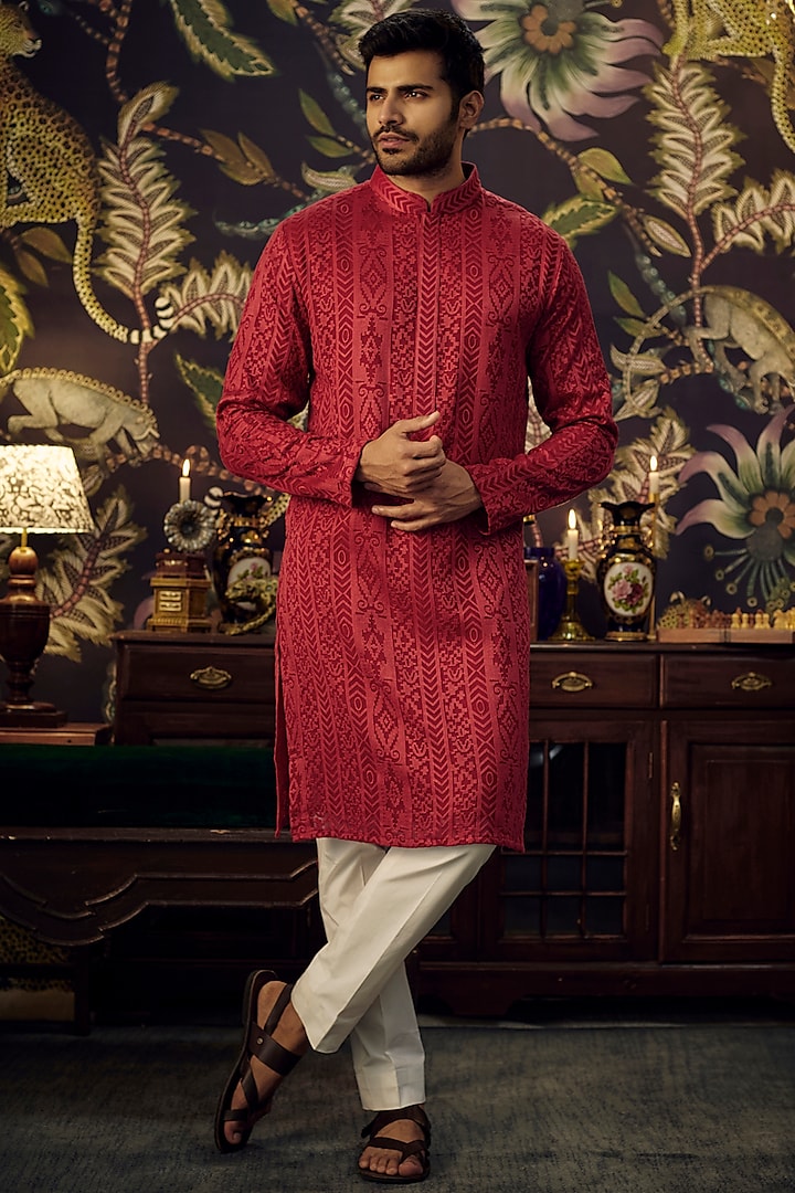 Red-Maroon Georgette Threadwork Chikankari Kurta Set by Kasbah Clothing