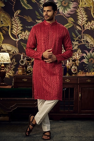 Red-Maroon Georgette Threadwork Chikankari Kurta Set by Kasbah Clothing
