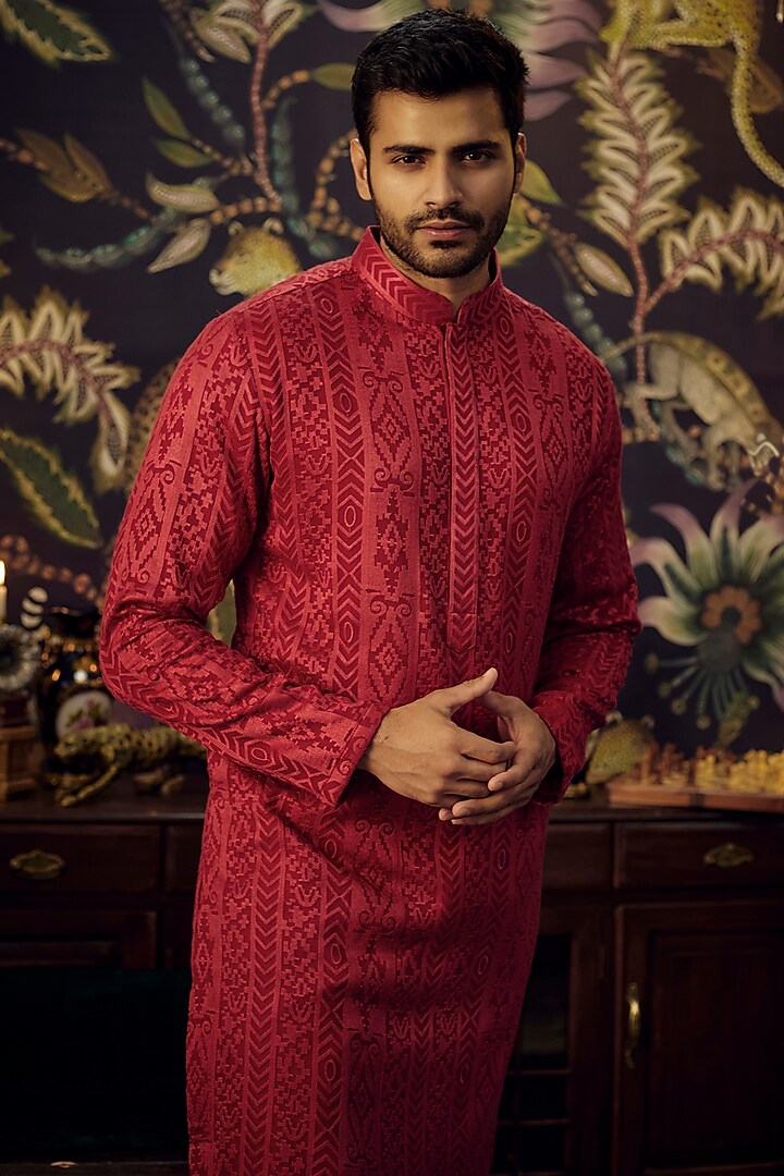 Red-Maroon Georgette Threadwork Chikankari Kurta Set by Kasbah Clothing at Pernia's Pop Up Shop