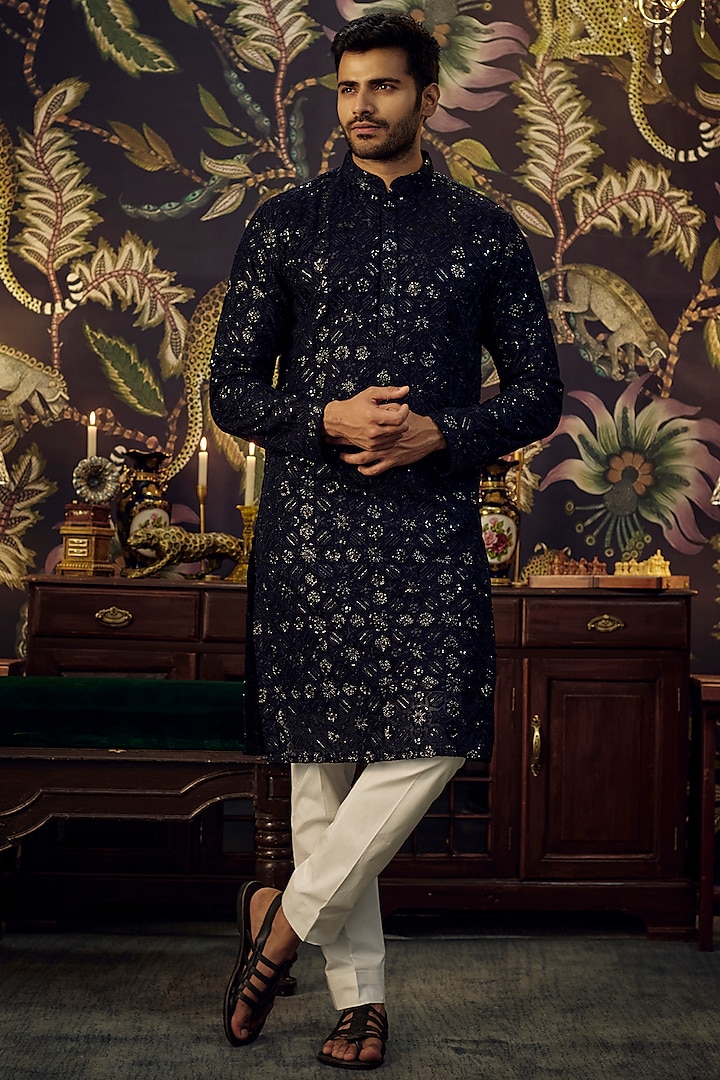 Midnight Blue Georgette Geometrical Embroidered Kurta Set by Kasbah Clothing