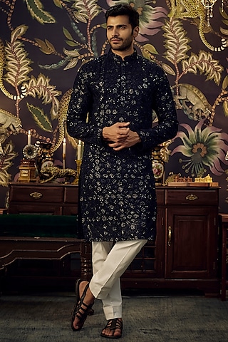 Midnight Blue Georgette Geometrical Embroidered Kurta Set by Kasbah Clothing