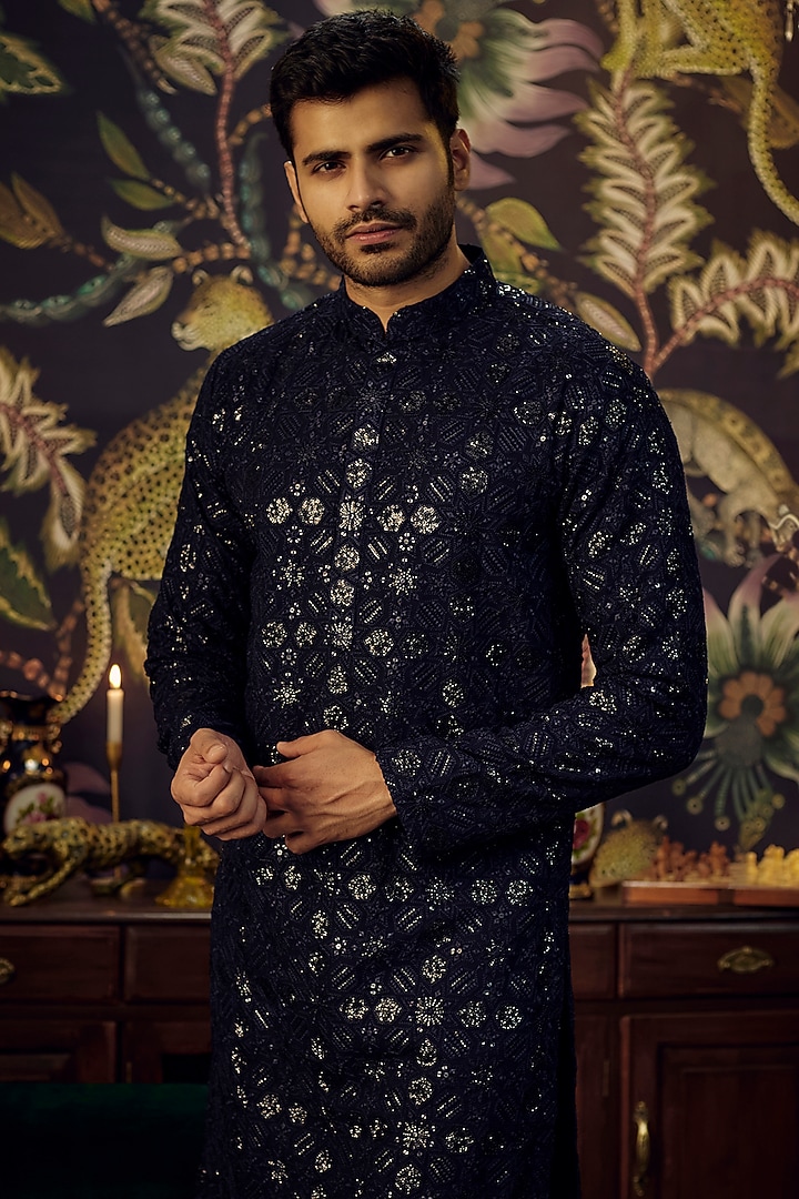 Midnight Blue Georgette Geometrical Embroidered Kurta Set by Kasbah Clothing at Pernia's Pop Up Shop