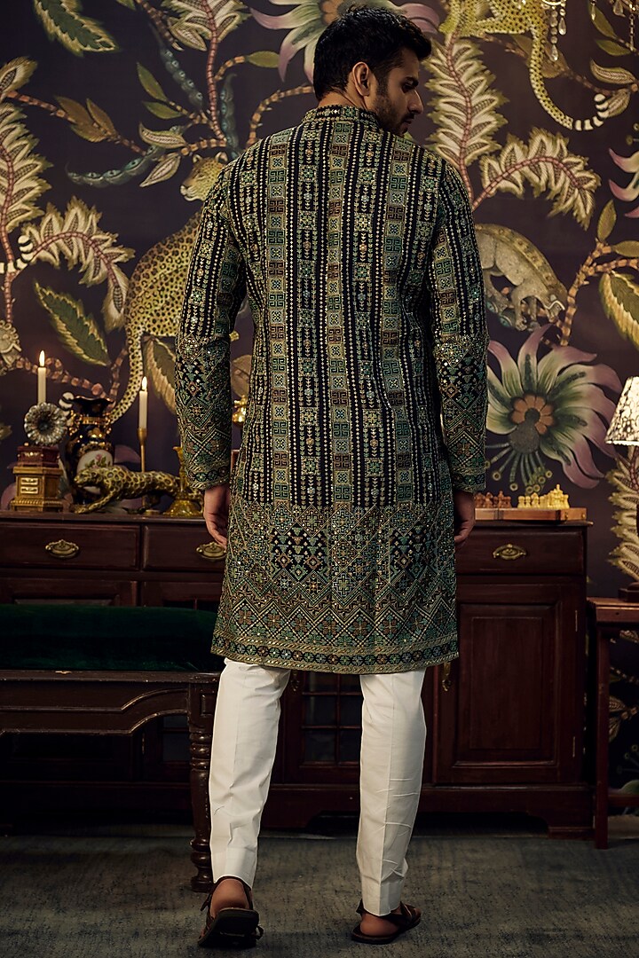 Black Georgette Kashmiri Embroidered Kurta Set by Kasbah Clothing at Pernia's Pop Up Shop