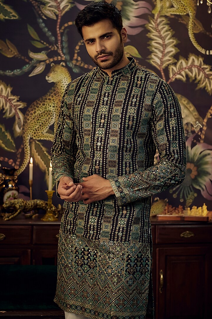 Black Georgette Kashmiri Embroidered Kurta Set by Kasbah Clothing at Pernia's Pop Up Shop