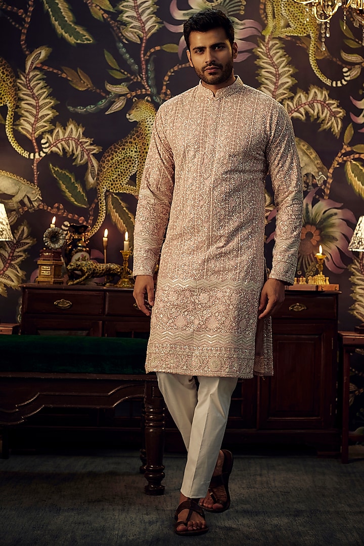 Mud Pink Georgette Thread Embroidered Chikankari Kurta Set by Kasbah Clothing at Pernia's Pop Up Shop