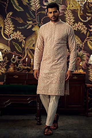 Mud Pink Georgette Thread Embroidered Chikankari Kurta Set by Kasbah Clothing