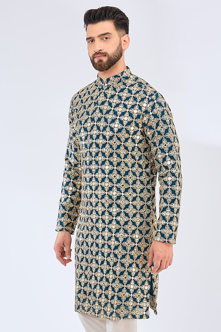Teal Blue Georgette Mirror Embroidered Kurta by Kasbah Clothing at Pernia's Pop Up Shop