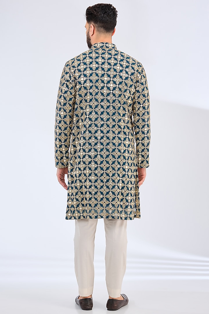 Teal Blue Georgette Mirror Embroidered Kurta by Kasbah Clothing at Pernia's Pop Up Shop