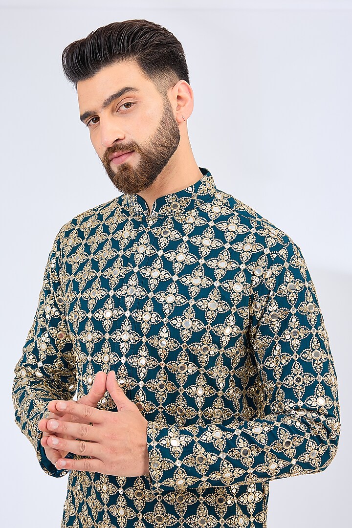 Teal Blue Georgette Mirror Embroidered Kurta by Kasbah Clothing at Pernia's Pop Up Shop