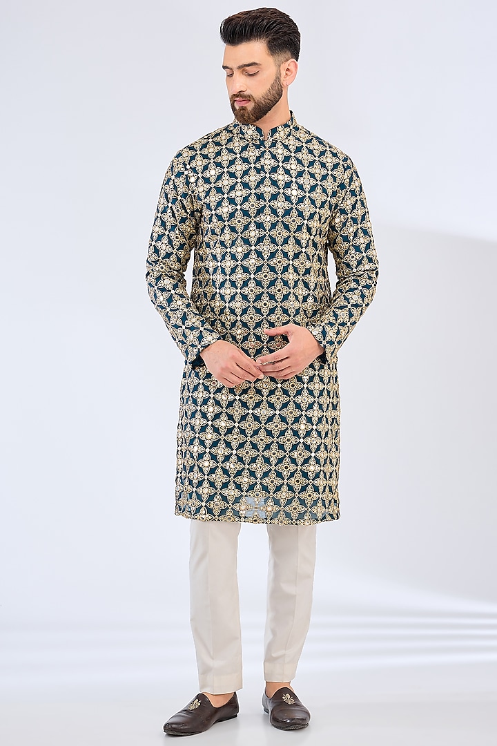 Teal Blue Georgette Mirror Embroidered Kurta by Kasbah Clothing