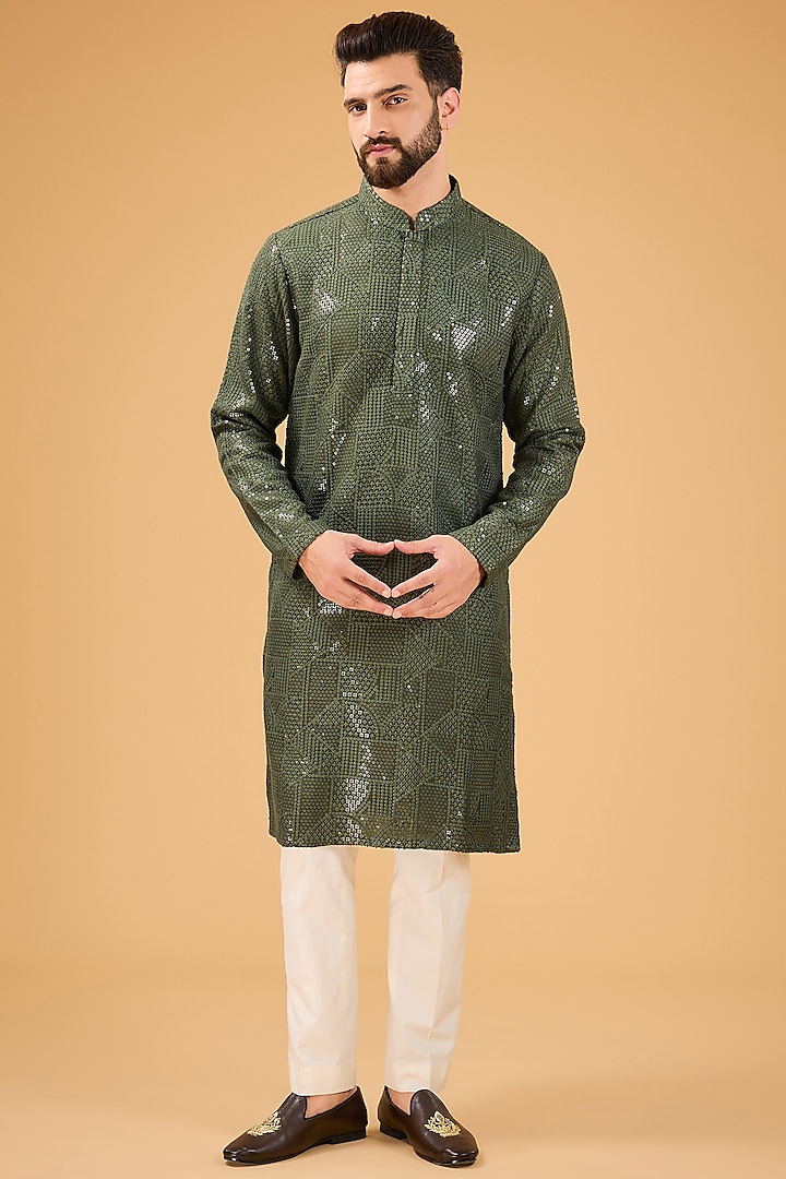 Military Green Silk Sequins Embroidered Kurta by Kasbah Clothing